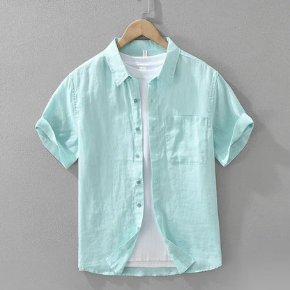 100% Linen Short Sleeve Shirt for Men Breathable Summer Casual Top Minimalist Loose Fit Button-Up Shirt  Natural Wrinkle Texture
