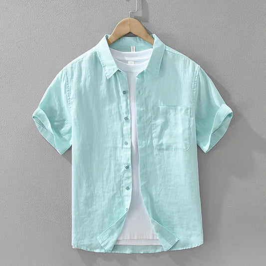 100% Linen Short Sleeve Shirt for Men Breathable Summer Casual Top Minimalist Loose Fit Button-Up Shirt  Natural Wrinkle Texture