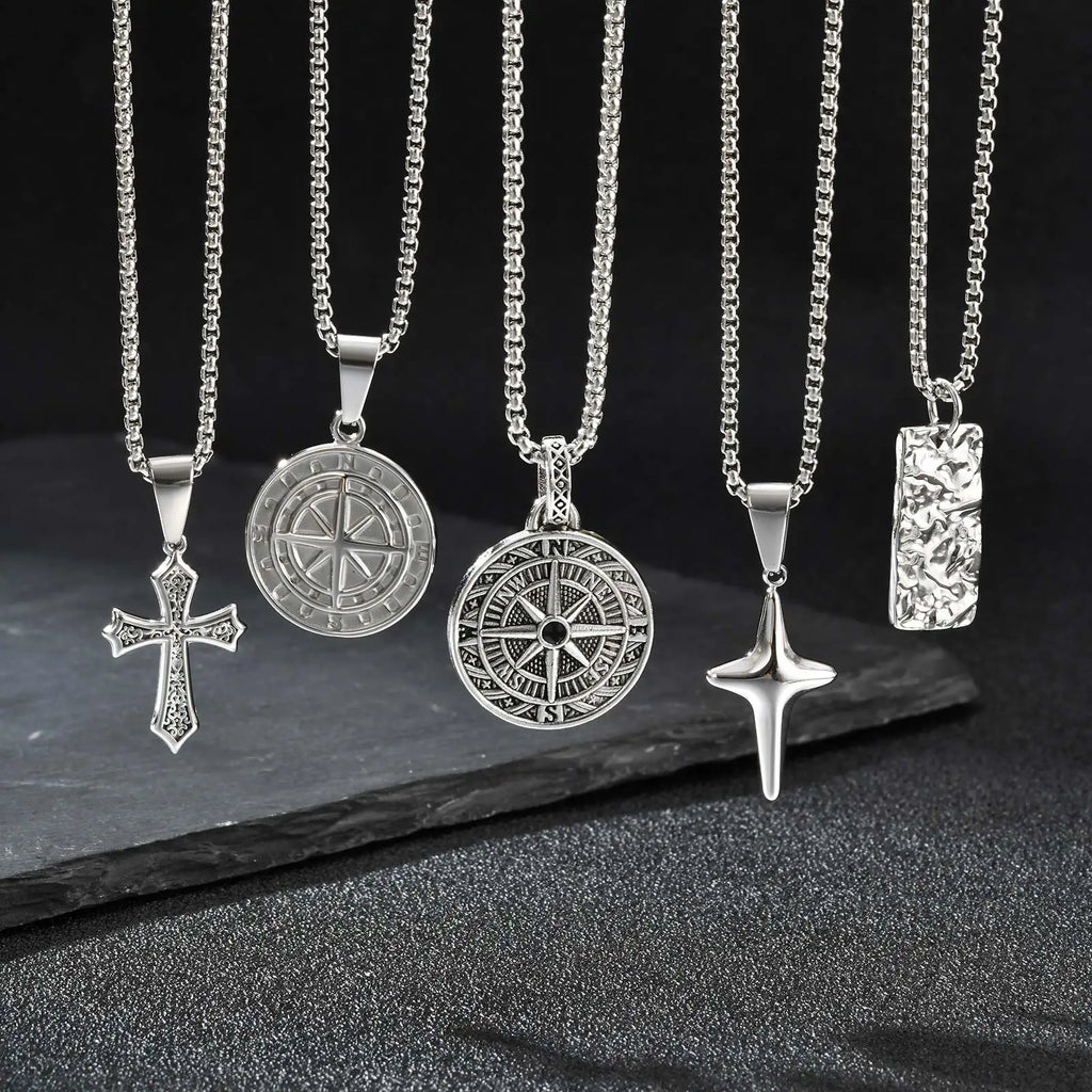 Men's Silver Color Geometric Pendant Necklace, Non Fading Stainless Steel Compass Necklace with Chain, Stylish Jewelry Gifts