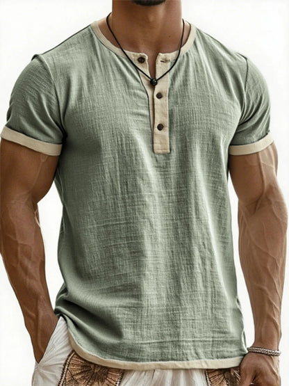 Summer New Men's Cotton Linen Shirt Casual Contrast Trim Short Sleeve Top Breathable Comfort Slim Fit Sports Casual Shirt