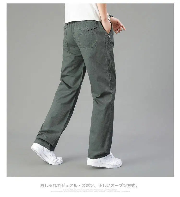 Mens Cotton Pants Spring Summer Sports Casual Pants Cargo Trousers Loose Fit with Zipper Pockets Big Size 5XL