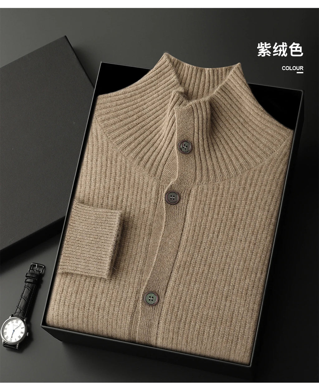 Luxury 100% Cashmere Cardigan for Men Mock Collar Thickening Sweater Autumn Winter Knitted Coat Soft Clothing Smart Casual Top