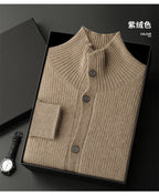 Luxury 100% Cashmere Cardigan for Men Mock Collar Thickening Sweater Autumn Winter Knitted Coat Soft Clothing Smart Casual Top