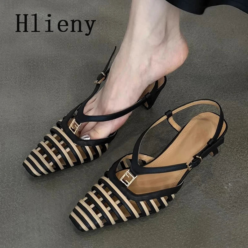 Hlieny Fashion Hollow Out Metal Buckle Woman's Pumps Summer Square Toe Slingback Shoes Low Thin Heels Mules Sandals Women Brown