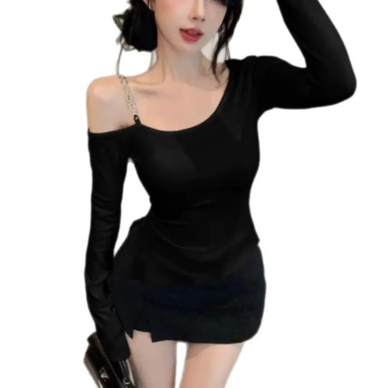 Pure And Elegant Irregular-necked Off-the-shoulder Tight T-shirt For Women