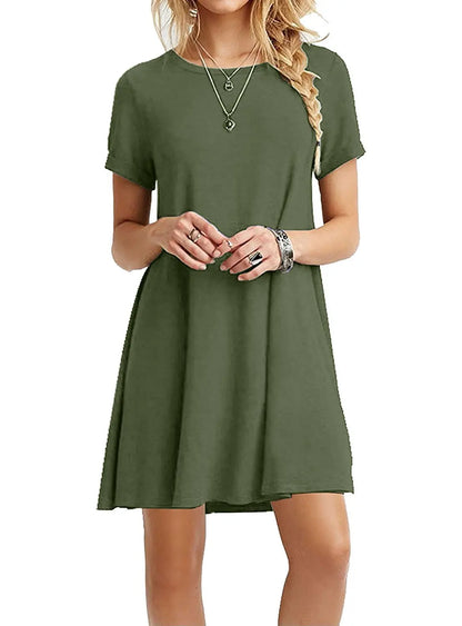 Women Shirt Dress Summer O-Neck Short Sleeve Slim A-Line Beach Holiday Dresses YKD-nz056