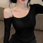 Pure And Elegant Irregular-necked Off-the-shoulder Tight T-shirt For Women
