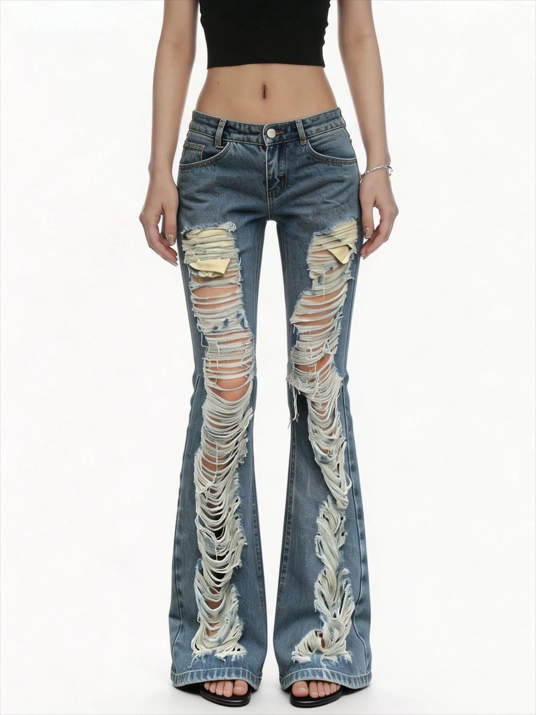 Women American Low Waist Flare Jeans Ripped Design Street Y2K Hot Girl Slim Denim Long Pants Grunge Streetwear Trousers