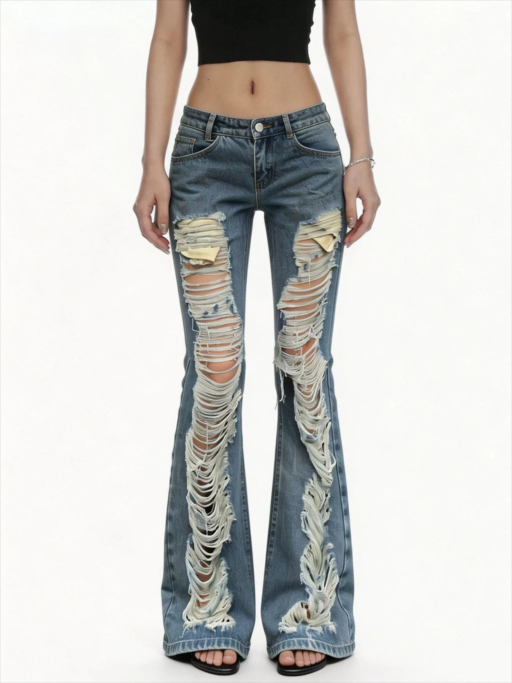 Women American Low Waist Flare Jeans Ripped Design Street Y2K Hot Girl Slim Denim Long Pants Grunge Streetwear Trousers