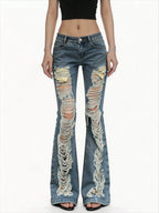 Women American Low Waist Flare Jeans Ripped Design Street Y2K Hot Girl Slim Denim Long Pants Grunge Streetwear Trousers