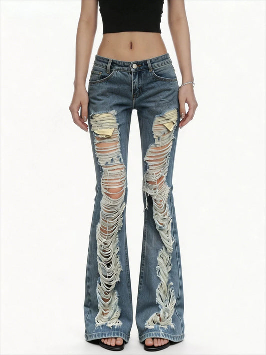 Women American Low Waist Flare Jeans Ripped Design Street Y2K Hot Girl Slim Denim Long Pants Grunge Streetwear Trousers