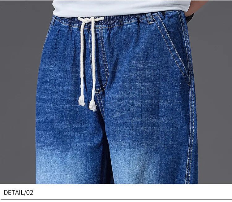 8XL Elastic Waist Men's Jeans, Loose Straight Leg Stretch Denim Pants, Plus Size Casual Streetwear, Big Size Relaxed Fit Trouser