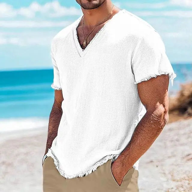 2026 Men's Summer Shirt Men's Retro V-Neck Cotton Linen Shirt Hawaii Casual Short Sleeve Beach Tops Outdoor Vacation Shirt