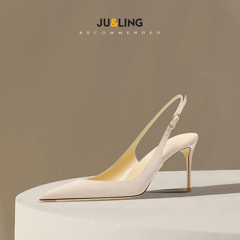 New Baotou fine heeled sandals for women, black with a buckle strap and a back strap, fashionable suede high heels