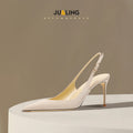 New Baotou fine heeled sandals for women, black with a buckle strap and a back strap, fashionable suede high heels