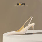 New Baotou fine heeled sandals for women, black with a buckle strap and a back strap, fashionable suede high heels
