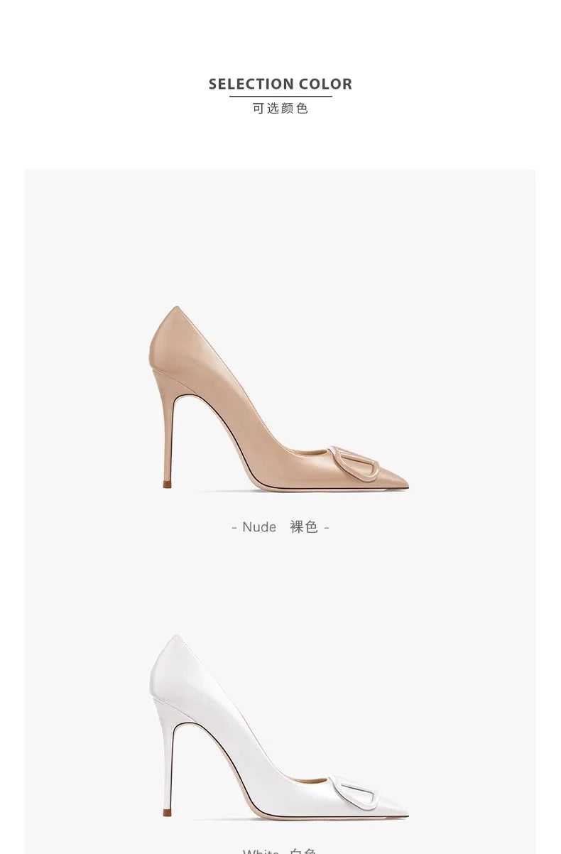 women fashon pumps with V buckle nude high heels with matte finish comfortable soft stilettos for dress