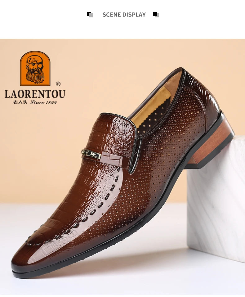 LAORENTOU true cowhide breathable perforated leather shoes with pointed tips, British business dress perforated leather sandals