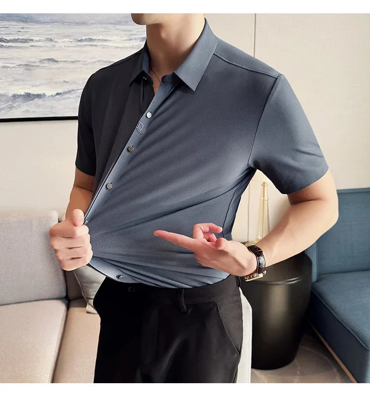 Men's White Business Casual Shirt, Fitted Striped Elastic Short-sleeved Shirt, Exquisite Embroidered Summer Formal Work Uniform.
