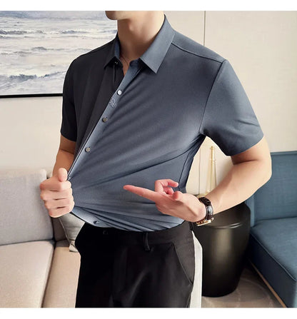 Men's White Business Casual Shirt, Fitted Striped Elastic Short-sleeved Shirt, Exquisite Embroidered Summer Formal Work Uniform.