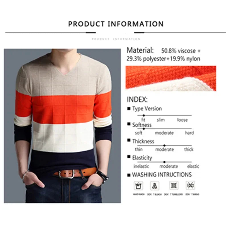 BROWON Brand-sweater Autumn Men's Long Sleeve Slim Sweaters New V-neck Fit Sweater Striped Bottom Sweaters Large Size M-4XL