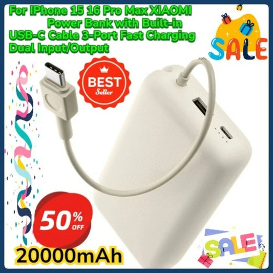 For IPhone 15 16 Pro Max XIAOMI 20000mAh Power Bank with Built-in USB-C Cable 3-Port Fast Charging Dual Input/Output