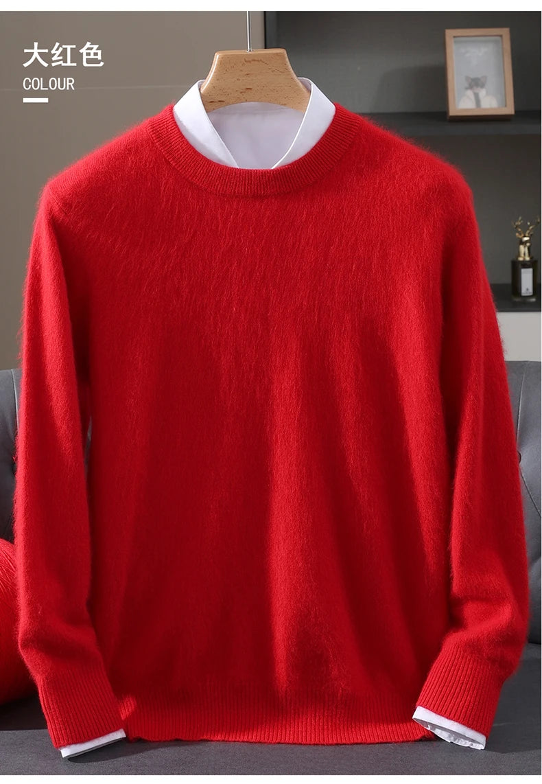 Autumn Winter 100% Mink Cashmere Sweater Men's Round Neck Pullover Loose Solid Color Plus Size Base Knit Business Casual Sweater