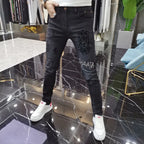 Hot-Stamped Rhinestone Men's Jeans, Trendy Brand, Stretchy Slim Fit, Embroidered and Printed Men's Trousers