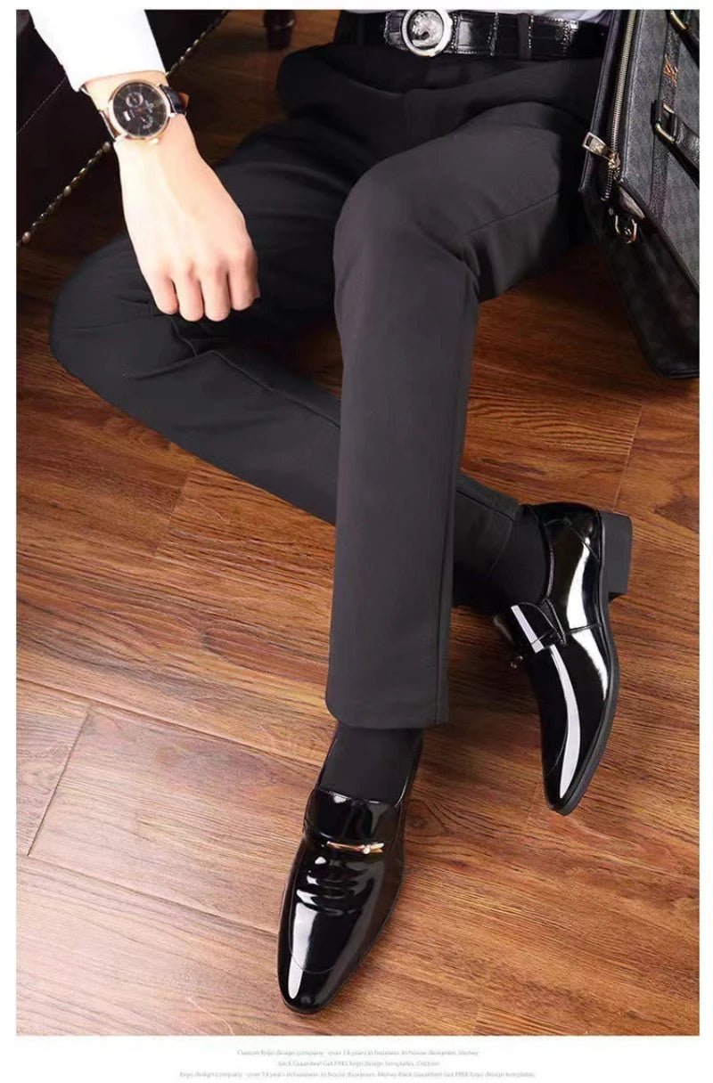 Mens Formal Wine Red Patent Leather Loafers Pointed Toe Slip On Shoes Hollow Out Non SlipBreathable Design Metal Buckle Decor
