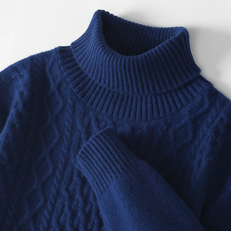 Fall/Winter 100% Wool Men's Turtleneck Thicken Sweater Jacquard Solid Cashmere Knitted Bottom Shirt