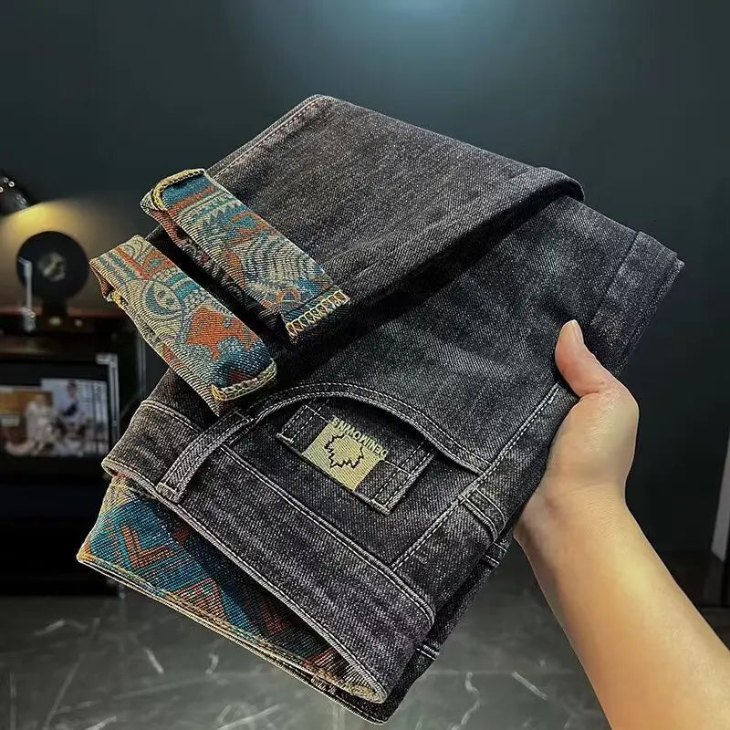 Men's Denim Pants Are Worn Washed Embroidered Smple Straight and Slim Fit With Small Legs