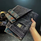 Men's Denim Pants Are Worn Washed Embroidered Smple Straight and Slim Fit With Small Legs