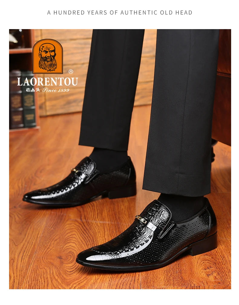 LAORENTOU true cowhide breathable perforated leather shoes with pointed tips, British business dress perforated leather sandals