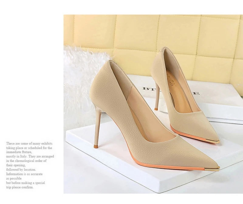 Banquet Fashion Metal Toe High Heels Women's Pointed Toe Shallow Mouth Thin Heels Women's Shoes Temperament Single Shoes