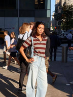 Summer Ladies Polo Shirts Woman Shorts Short Sleeve Brown Striped Vintage Clothes Polo Shirts Mujer Streetwear Crop Tops Casual