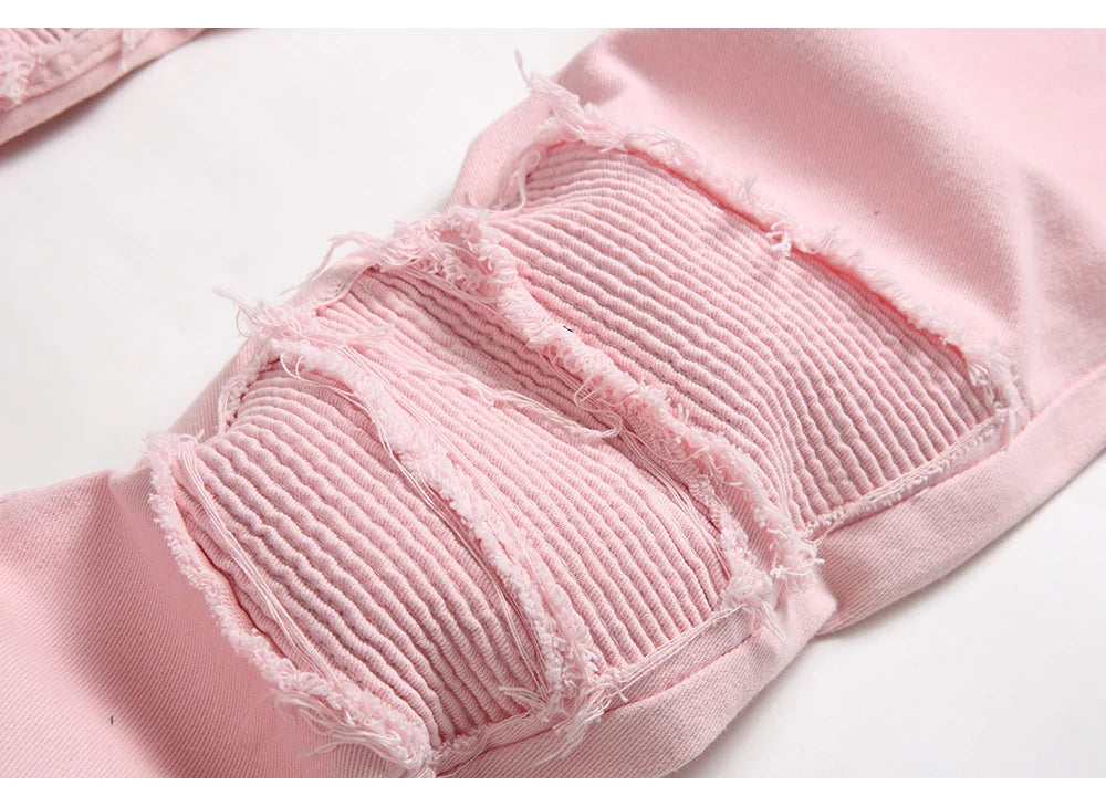 Men's Pleated Patch Denim Biker Jeans Streetwear Pink White Cotton Pants Ripped Patchwork Slim Straight Trousers
