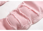 Men's Pleated Patch Denim Biker Jeans Streetwear Pink White Cotton Pants Ripped Patchwork Slim Straight Trousers