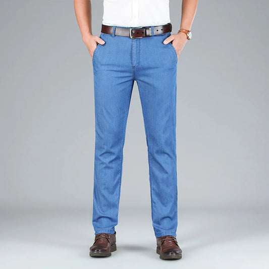 2026 Brand High Lyocell  Men's Fit Straight Lightweight Cotton Stretch Denim Business Casual High Waist Thin Light Grey Jeans