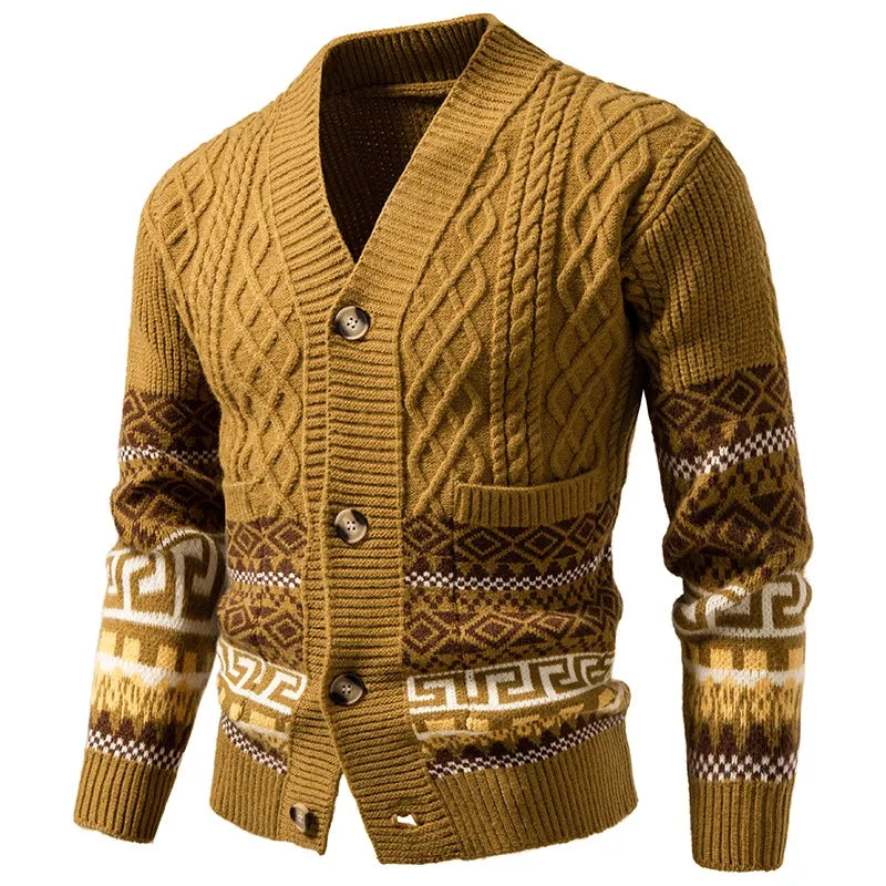 Men's Cable Knit Fair Isle Geometric Striped Cardigan V Neck Button Front Pocket Long Sleeve Sweater Autumn Winter Casual