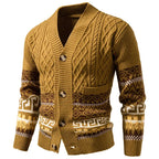Men's Cable Knit Fair Isle Geometric Striped Cardigan V Neck Button Front Pocket Long Sleeve Sweater Autumn Winter Casual