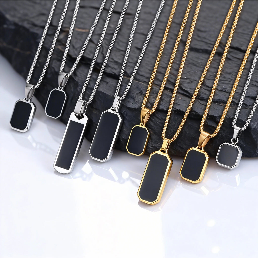 Stylish Men's Black Enamel Necklace,Stainless Steel Geometric Square Small Dogtags Necklace,Anniversary Birthday Father Gift