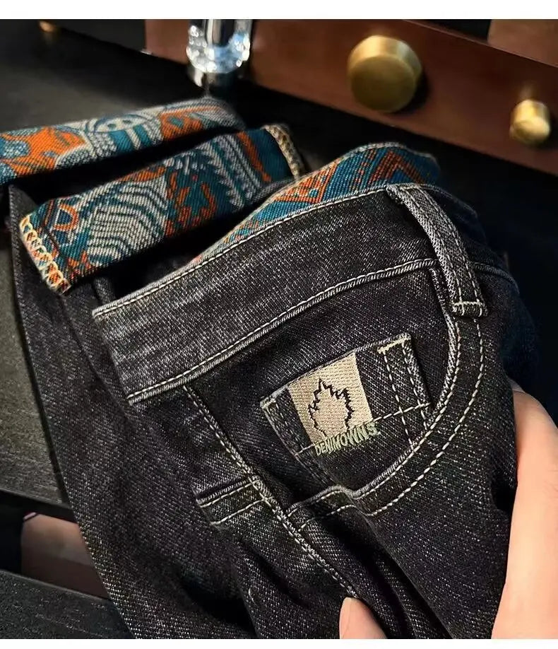 Men's Denim Pants Are Worn Washed Embroidered Smple Straight and Slim Fit With Small Legs