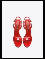 2026 new black patent leather rhinestone open toe sandals with slim heels and a straight ribbon for parties,high heels for women