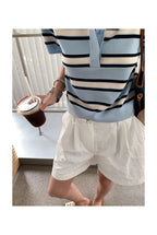 Striped POLO Neck Ice Silk Short Sleeved Women's Summer Thin Fashion Loose Lapel Knit Top