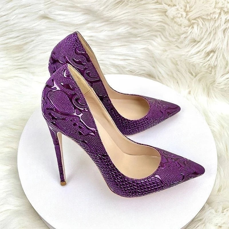 Purple Embossed Crocodile Effect Women Pointy Toe Slip On High Heel Shoes for Party Sexy Ladies Dress Stiletto Pumps