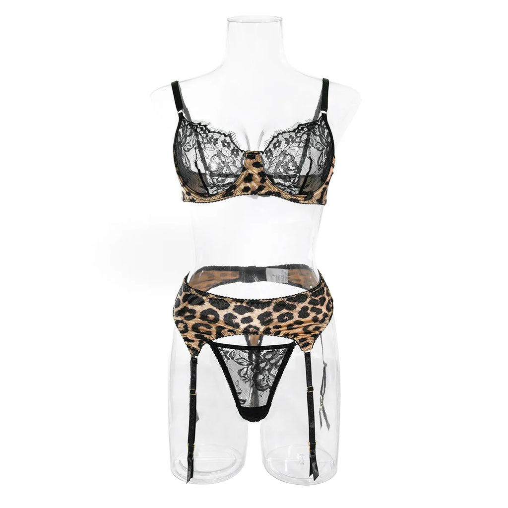 Krasapt Sexy Leopard Printing Lace Patchwork Women Lingerie 3Pcs Sets Romantic Mesh Perspective Intimates Underwear Erotic Set