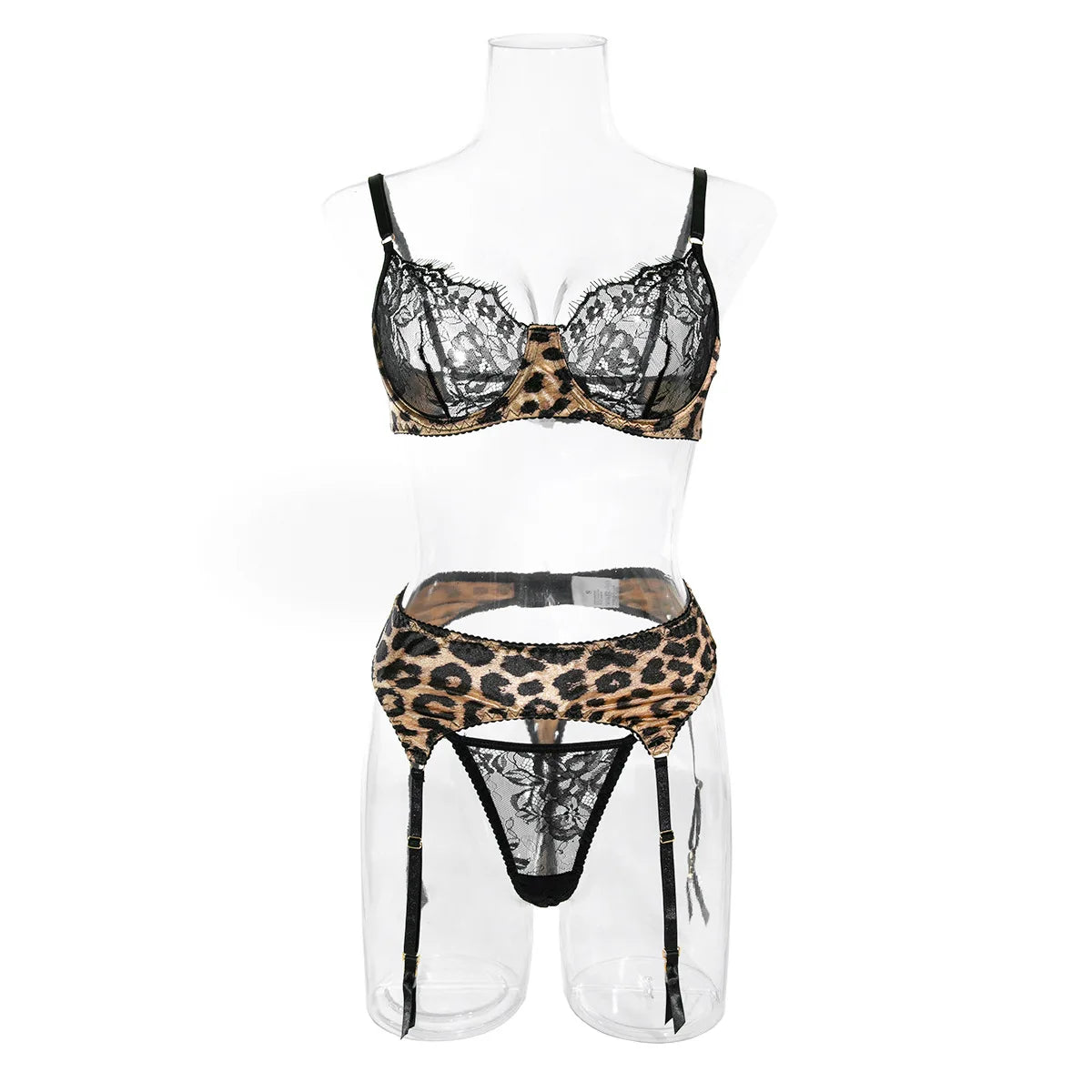 Krasapt Sexy Leopard Printing Lace Patchwork Women Lingerie 3Pcs Sets Romantic Mesh Perspective Intimates Underwear Erotic Set