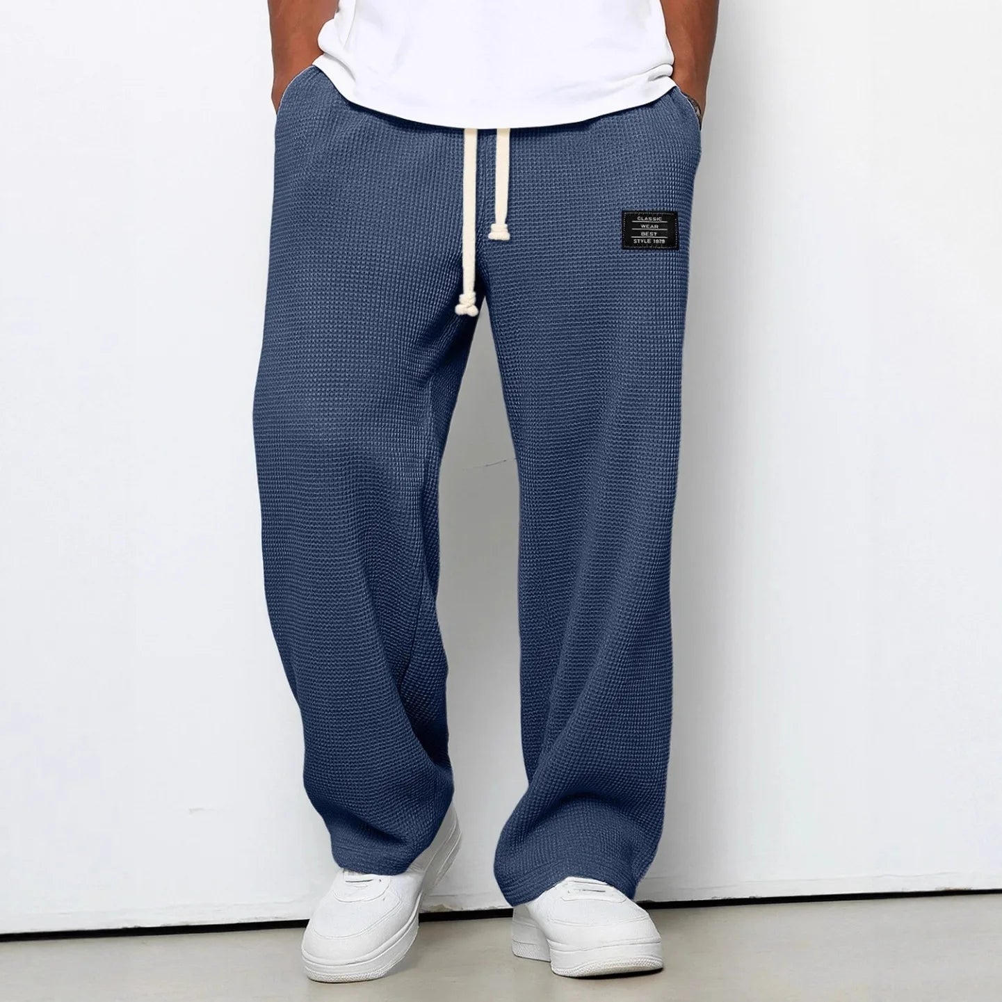 Men's spring-autumn trendy brand loose-fitting stretchy straight-leg sweatpants. Waffle fabric. Micro-bouncy sporty casual pants