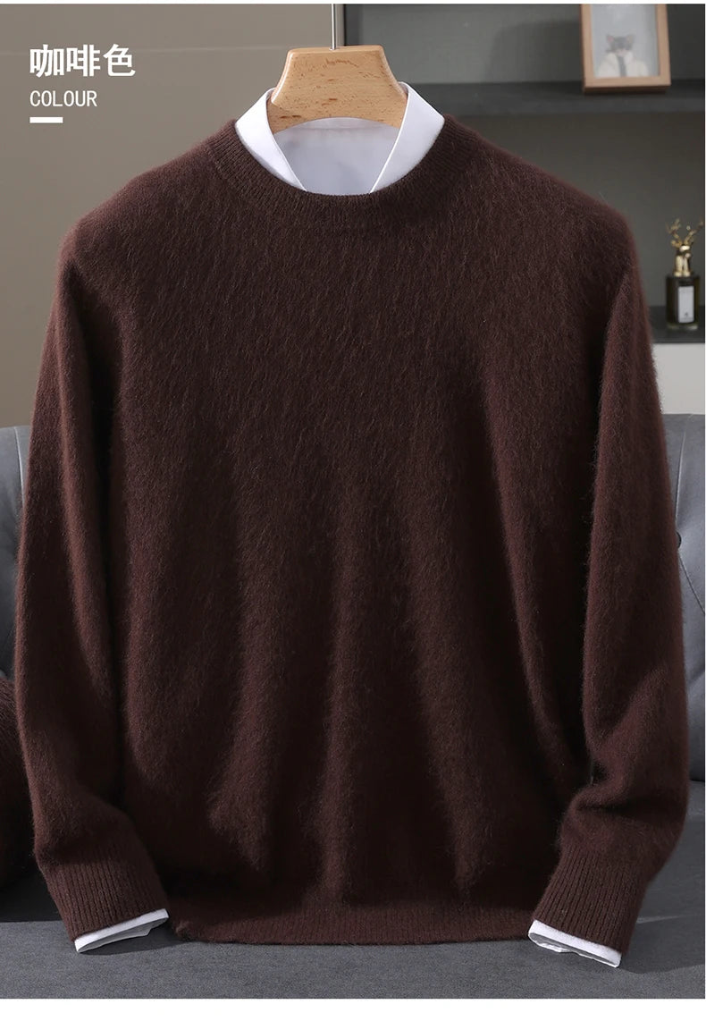 Autumn Winter 100% Mink Cashmere Sweater Men's Round Neck Pullover Loose Solid Color Plus Size Base Knit Business Casual Sweater