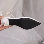 Pointed Toe Pearl Ankle Strap High Heels Pumps Women White Satin Bowknot Banquet Party Shoes Woman Elegant Stiletto Heeled Pumps